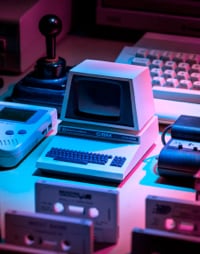 a tabletop display of retro electronics and cassette tapes