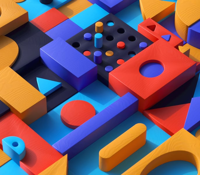 close-up of brightly painted wooden toy building blocks